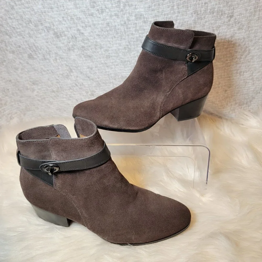Coach Brown Leather Suede Patricia Block Mid Heel Booties Ankle Boot Classic 10B